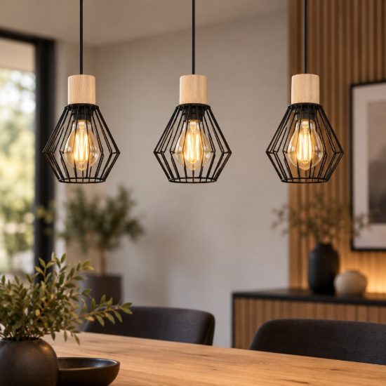 Eglo palmorla lampadario a sospensione 3 luci 76cm per cucina industriale nero e marrone