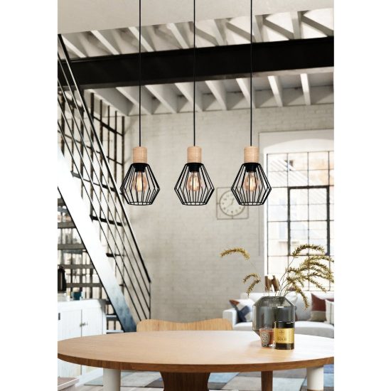 Eglo palmorla lampadario a sospensione 3 luci 76cm per cucina industriale nero e marrone