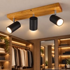 Plafoniera con spot orientabili gu10 cilindrico nero opaco legno da soffitto