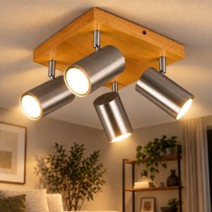 Plafoniera moderno nichel opaco legno 4 spot orientabili