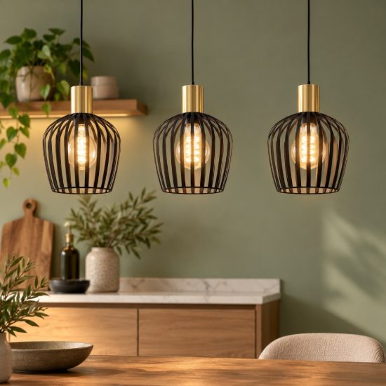 Eglo empoli lampadario a sospensione 3 luci 90cm per cucina moderno nero e ottone spazzolato