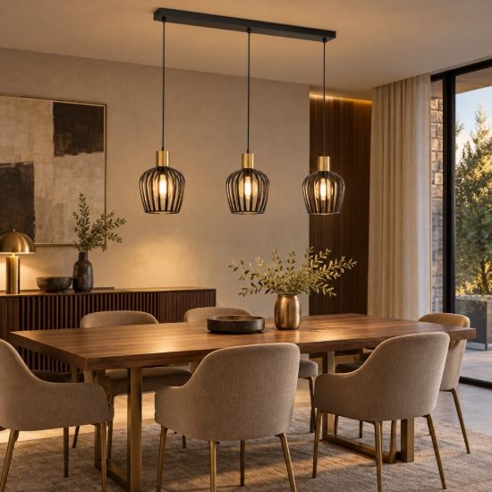 Eglo empoli lampadario a sospensione 3 luci 90cm per cucina moderno nero e ottone spazzolato
