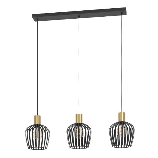 Eglo empoli lampadario a sospensione 3 luci 90cm per cucina moderno nero e ottone spazzolato