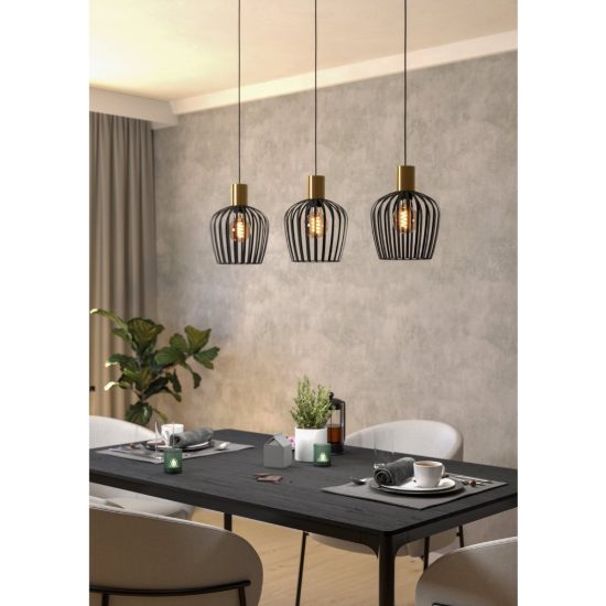 Eglo empoli lampadario a sospensione 3 luci 90cm per cucina moderno nero e ottone spazzolato