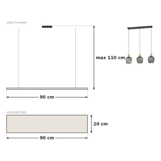 Eglo empoli lampadario a sospensione 3 luci 90cm per cucina moderno nero e ottone spazzolato