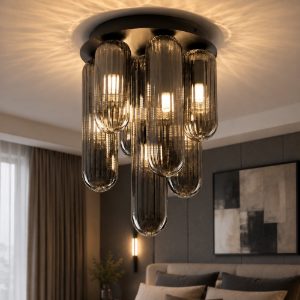 Plafoniera design contemporanea capsule in vetro fume per soggiorno