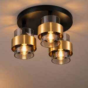 Plafoniera per soggiorno moderno cilindro nero e oro ottone vetro 37cm