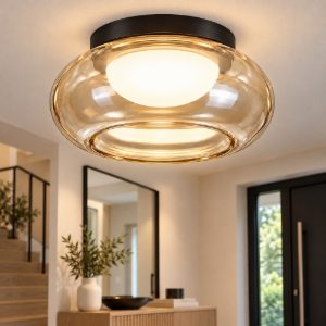 Plafoniera tonda nera vetro bronzo led 12w 3000k 23cm design moderna per ingresso