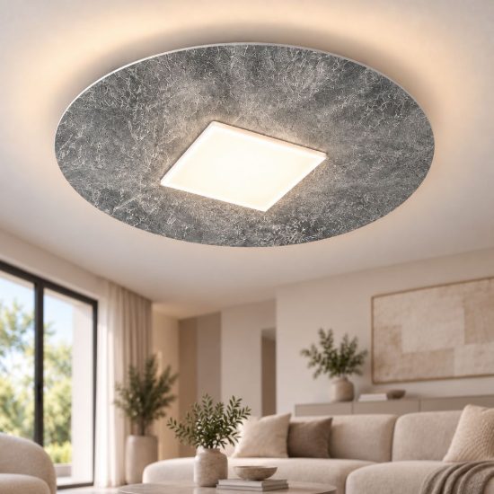 Plafoniera moderna per soggiorno tonda foglia argento led 26w cct 3000k 4000k