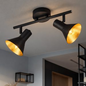 Plafoniera con faretti da soffitto 2 luci orientabili nero oro da interno