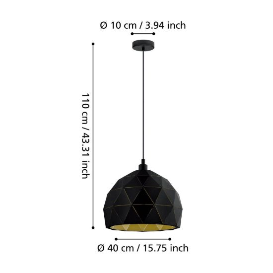 Eglo roccaforte lampadario a sospensione 40cm per cucina moderno nero e oro