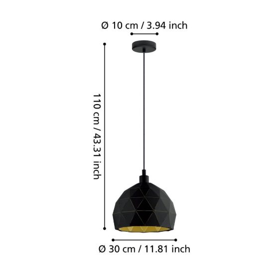 Eglo roccaforte lampadario a sospensione 30cm per cucina moderno nero e oro