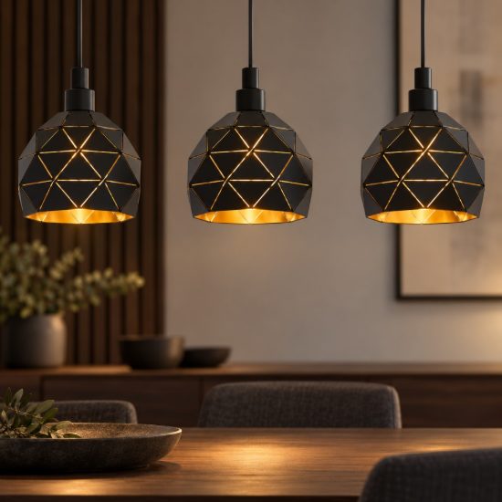 Eglo roccaforte lampadario a sospensione 3 luci 75cm per cucina moderno nero e oro