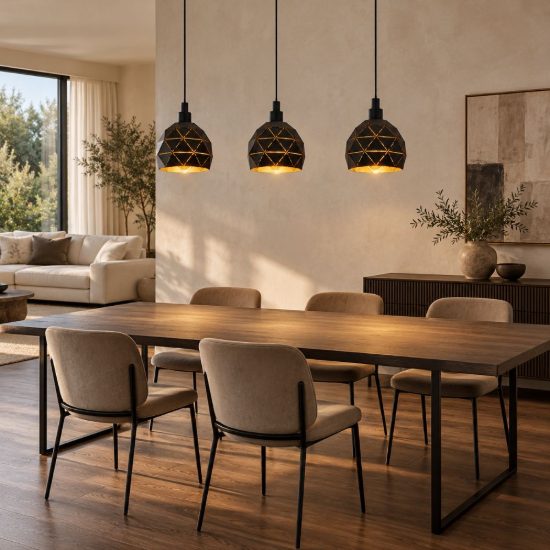 Eglo roccaforte lampadario a sospensione 3 luci 75cm per cucina moderno nero e oro