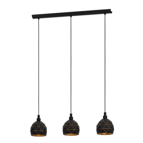 Eglo roccaforte lampadario a sospensione 3 luci 75cm per cucina moderno nero e oro