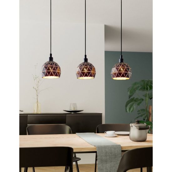 Eglo roccaforte lampadario a sospensione 3 luci 75cm per cucina moderno nero e oro