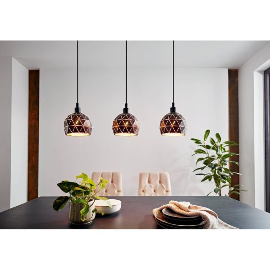 Eglo roccaforte lampadario a sospensione 3 luci 75cm per cucina moderno nero e oro