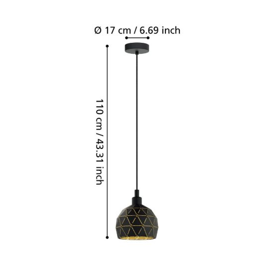 Eglo roccaforte lampadario a sospensione 17cm per cucina moderno nero e oro
