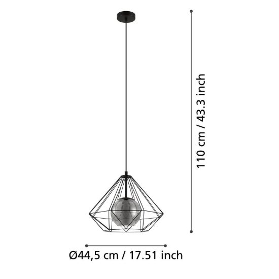 Eglo vernham lampadario a sospensione 44,5cm per soggiorno industriale nero con vetro fumé
