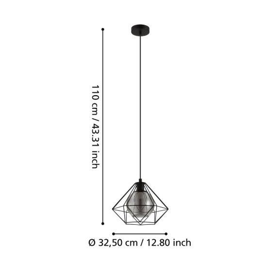 Eglo vernham lampada a sospensione 32,5cm per ingresso industriale nera con vetro fumé