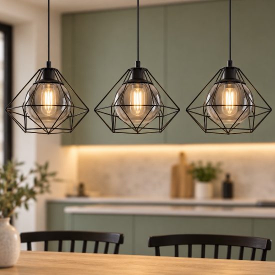Eglo vernham lampadario a sospensione 3 luci 114,5cm per cucina industriale nero con vetri fumé