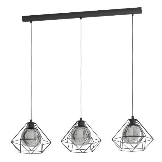 Eglo vernham lampadario a sospensione 3 luci 114,5cm per cucina industriale nero con vetri fumé