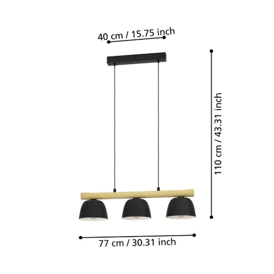 Eglo sherburn lampadario a sospensione 3 luci 77cm per cucina moderno nero e marrone