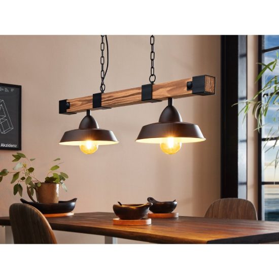Eglo oldbury lampadario a sospensione 2 luci 86cm per sala da pranzo rustico nero e marrone