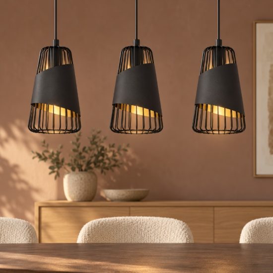 Eglo austell lampadario a sospensione 3 luci 76,5cm per cucina industriale nero e oro