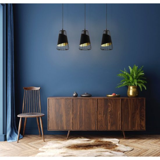 Eglo austell lampadario a sospensione 3 luci 76,5cm per cucina industriale nero e oro
