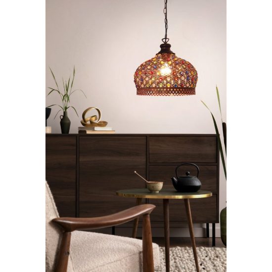 Eglo jadida lampadario a sospensione 33cm per cucina moderno rame anticato con vetro multicolore