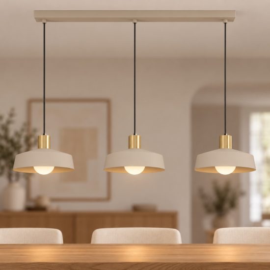 Eglo valdiola lampadario a sospensione 3 luci 93cm per cucina moderno sabbia e ottone spazzolato