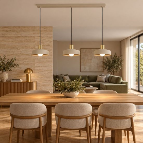 Eglo valdiola lampadario a sospensione 3 luci 93cm per cucina moderno sabbia e ottone spazzolato