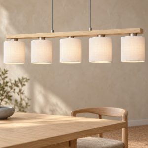 Eglo castralvo lampadario 5 luci 121cm per sala da pranzo moderno nichel e marrone con paralumi bianchi