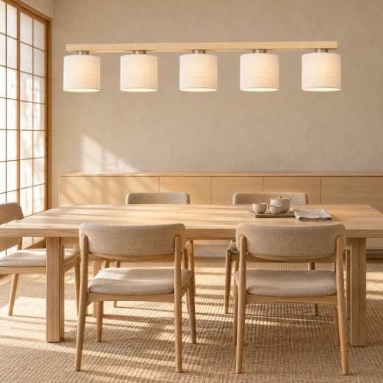 Eglo castralvo lampadario 5 luci 121cm per sala da pranzo moderno nichel e marrone con paralumi bianchi