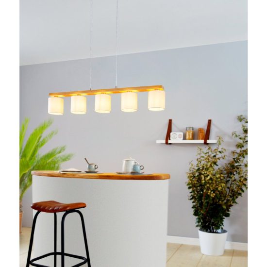 Eglo castralvo lampadario 5 luci 121cm per sala da pranzo moderno nichel e marrone con paralumi bianchi