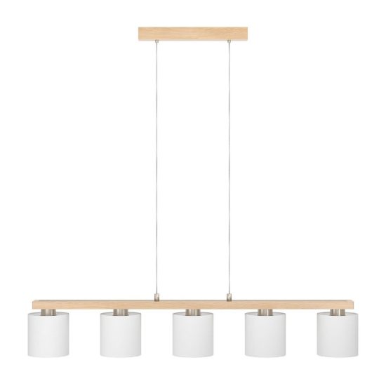 Eglo castralvo lampadario 5 luci 121cm per sala da pranzo moderno nichel e marrone con paralumi bianchi