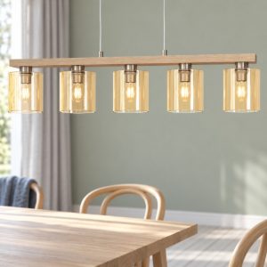 Eglo castralvo lampadario 5 luci 121cm per sala da pranzo moderno nichel e marrone con vetri ambra