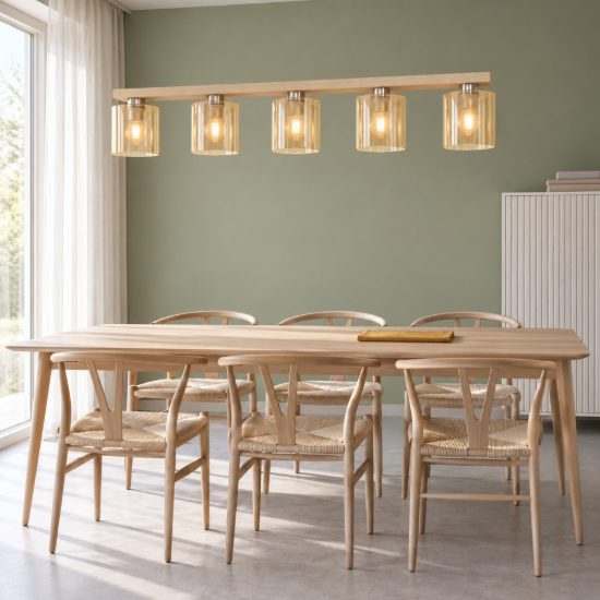 Eglo castralvo lampadario 5 luci 121cm per sala da pranzo moderno nichel e marrone con vetri ambra