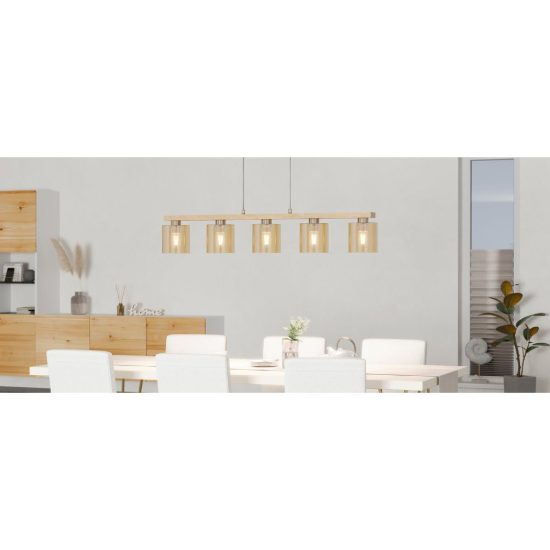 Eglo castralvo lampadario 5 luci 121cm per sala da pranzo moderno nichel e marrone con vetri ambra