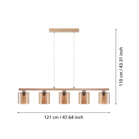 Eglo castralvo lampadario 5 luci 121cm per sala da pranzo moderno nichel e marrone con vetri ambra