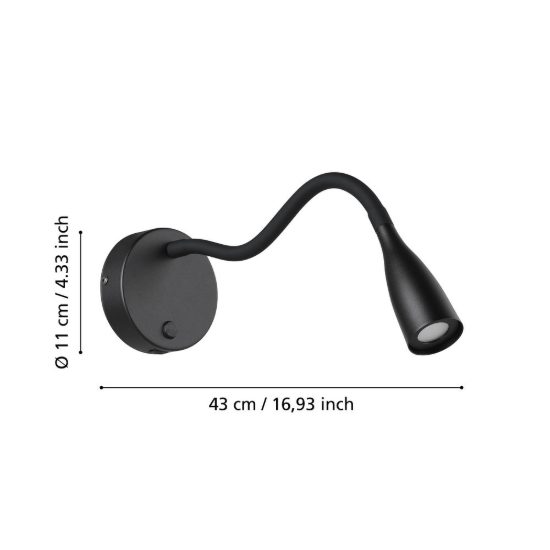 Eglo olivandino 1 applique per comodino led 3,8w 3000k 43cm con usb e braccio flessibile nera