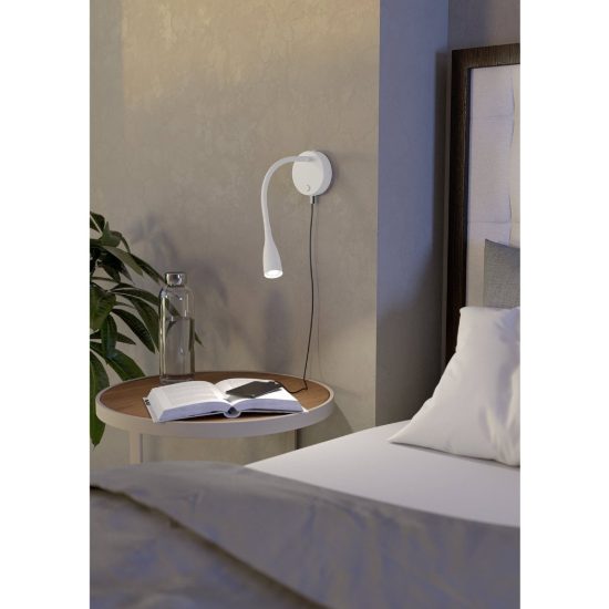 Eglo olivandino 1 applique per comodino led 3,8w 3000k 43cm con usb e braccio flessibile bianca