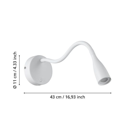Eglo olivandino 1 applique per comodino led 3,8w 3000k 43cm con usb e braccio flessibile bianca