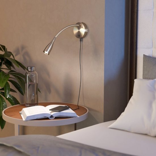 Eglo olivandino 1 applique per comodino led 3,8w 3000k 43cm con usb e braccio flessibile nichel