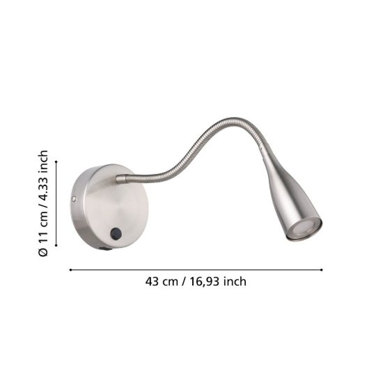 Eglo olivandino 1 applique per comodino led 3,8w 3000k 43cm con usb e braccio flessibile nichel