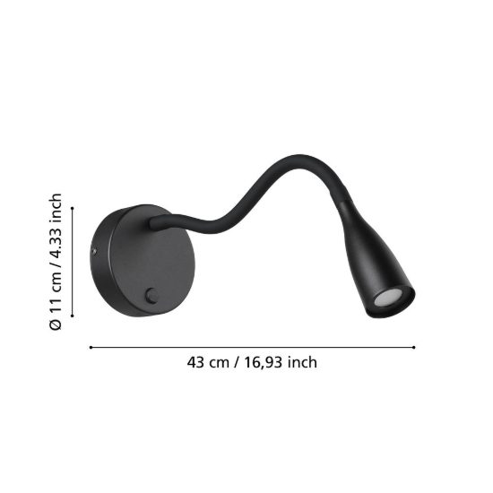 Eglo olivandino applique per comodino led 3,8w 3000k 43cm con braccio flessibile nera