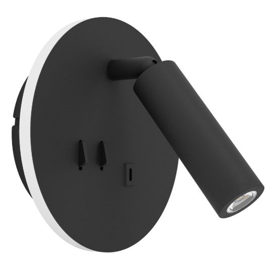 Eglo fanzarotta 1 applique per comodino camera da letto led 3w 3000k 14,5cm con usb rotonda nera