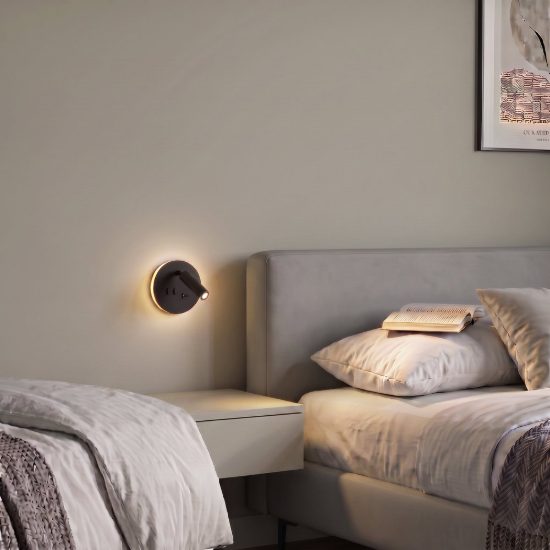 Eglo fanzarotta 1 applique per comodino camera da letto led 3w 3000k 14,5cm con usb rotonda nera