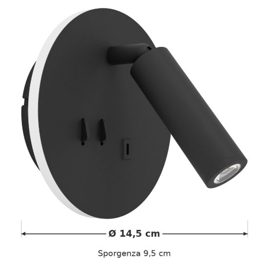 Eglo fanzarotta 1 applique per comodino camera da letto led 3w 3000k 14,5cm con usb rotonda nera